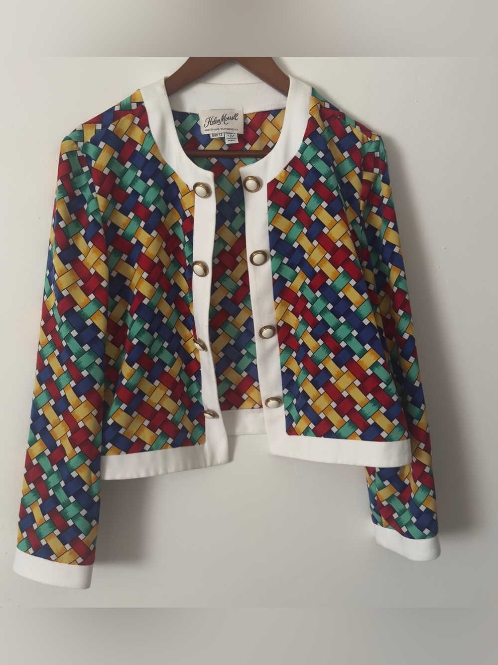 Hilary Radley Multicolor Woven-Print Cropped Blazer with‎ White Trim